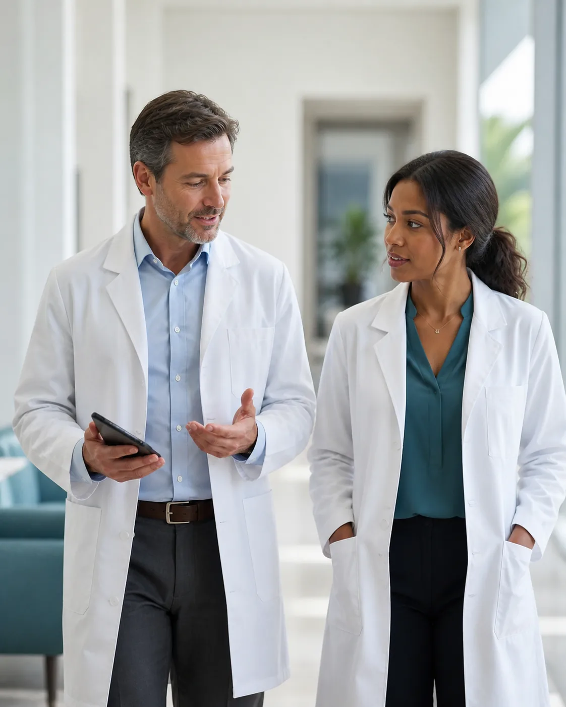 Two doctors collaborating in a bright clinic