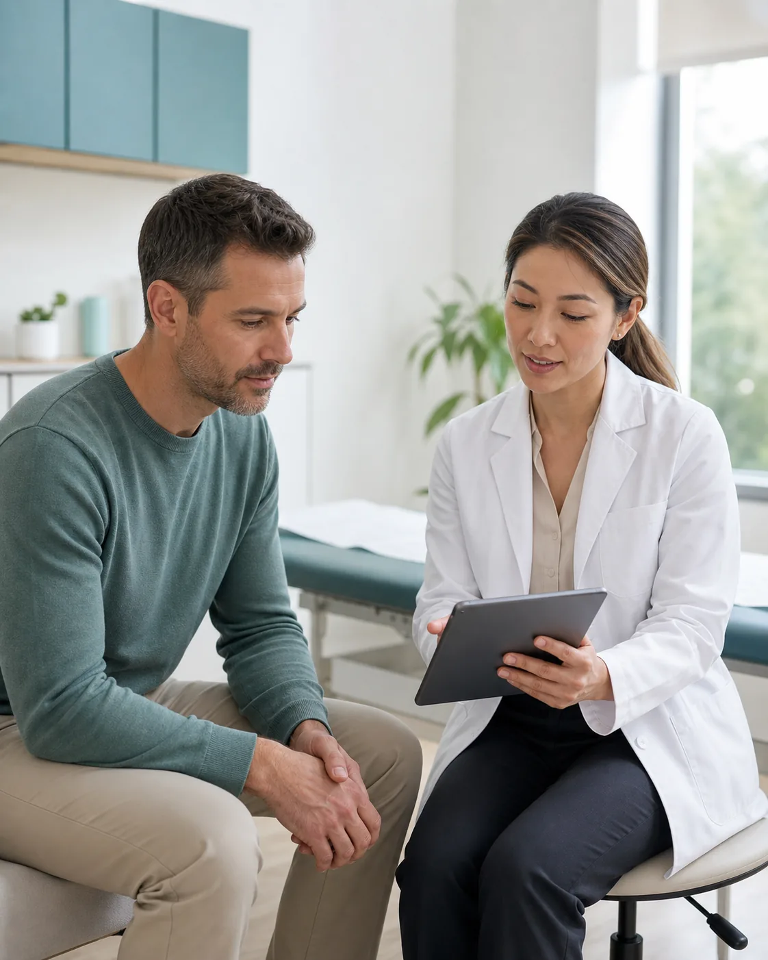A clinician explaining a health assessment to a patient