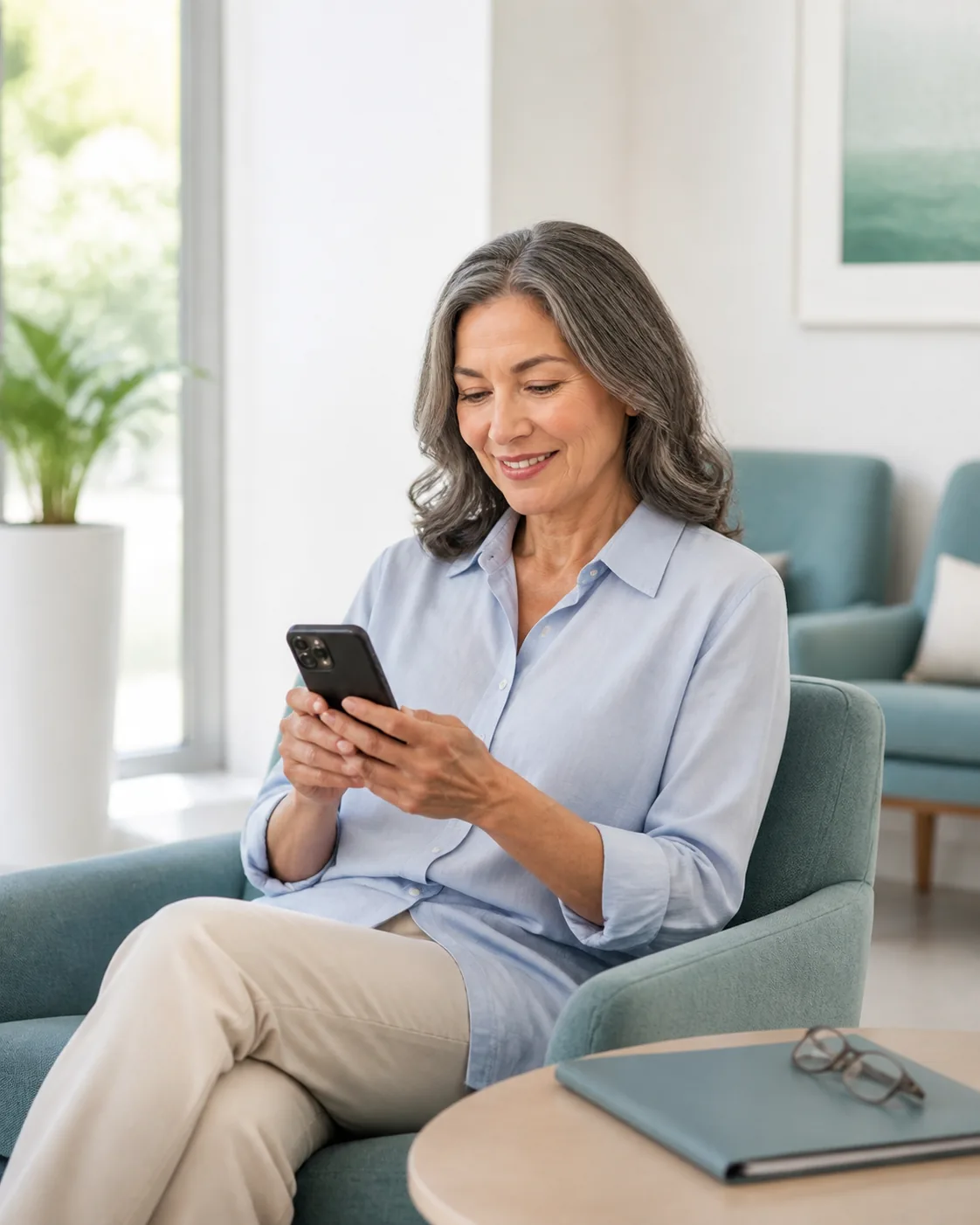 A patient using a phone to plan a clinic visit