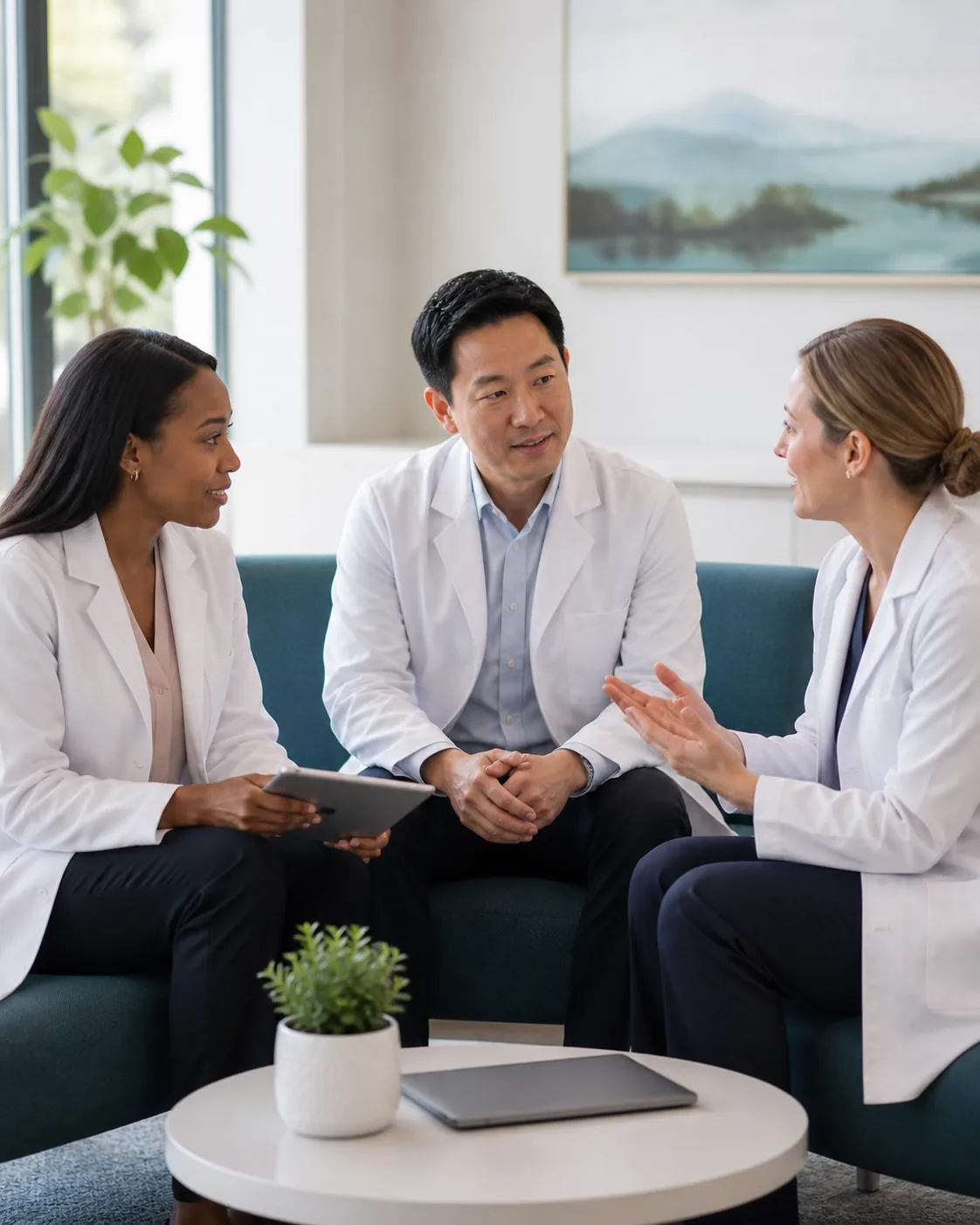 A diverse clinic team discussing patient care together